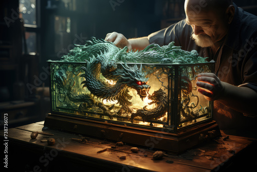Senior man is shown inspecting a glass box containing a lifelike dragon figurine, with a look of curiosity on his face