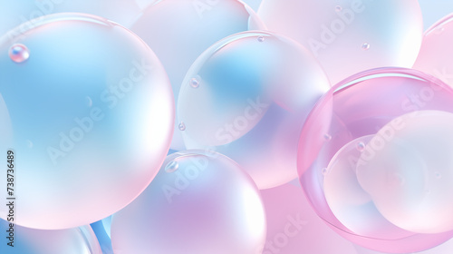 Delikatne różowo - niebieskie tło z bańkami mydlanymi - abstrakcyjne 3d matowe bąbelki z cieczą wodą
