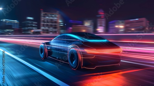 Autonomous Self-Driving Car Moving Through city Highway with light trails