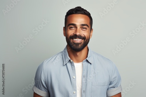 Portrait of a handsome bearded Indian man smiling at camera while standing against grey background
