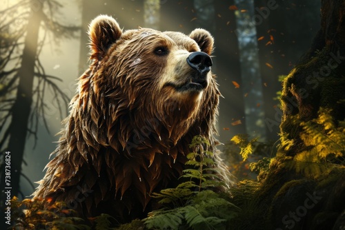 a brown bear is sitting in the middle of a forest