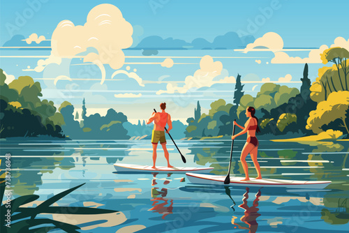 Man and Woman standing on Sup Board with a Paddle. Sports People at the river lake. Stand up paddle surfing. Summer Activity on Water. Beach activities. Vector illustration photo