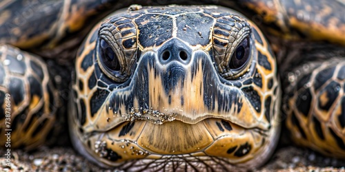 A close-up of a sea turtle determined eyes as it makes its way across the beach to the ocean , concept of Majestic wildlife