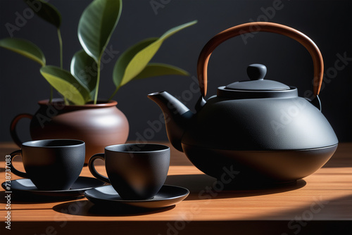 Stylish minimalist still life with dark grey teapot and cups on wooden table. Sun light shadows. Authentic tea ceremony
