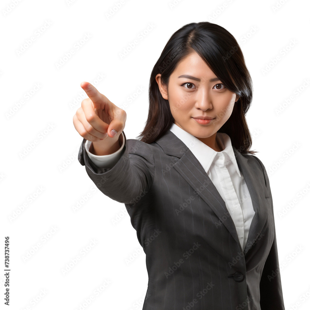 Smiling woman pointing at something, isolated on transparent background Smiling woman pointing at something, isolated on transparent background