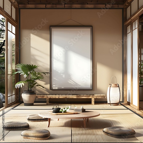 Mock up blank poster frame in a traditional Japanese tatami room