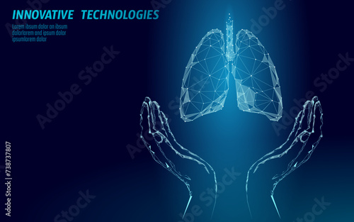 Human lungs 3D health care recovery medical concept. Low poly internal organ avoid disease banner. Polygonal glowing medicine cure tuberculosis vector illustration