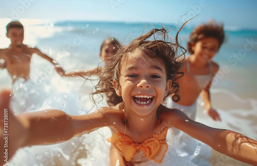 Joyful young girl with curly hair playing on the beach with her mother in the background, family vacation concept. © Gayan