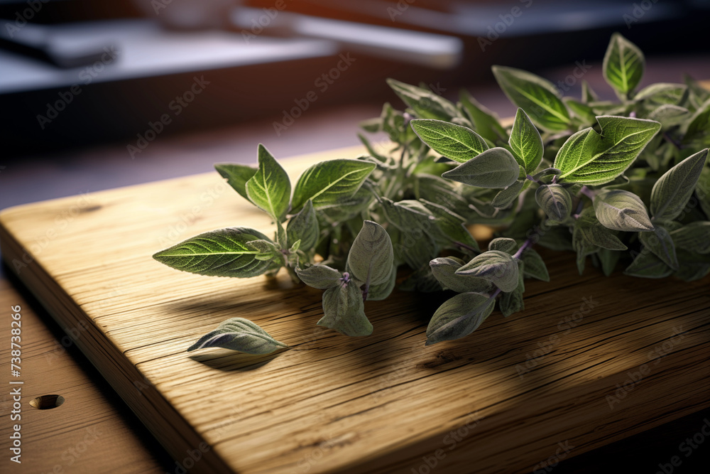 Sage plant on a cutting board in the kitchen Sage plant on a cutting board in the kitchen