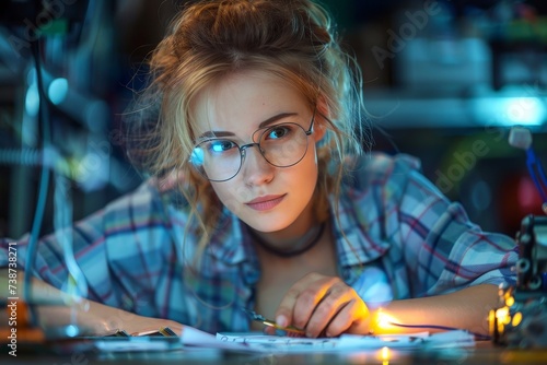 A young woman with glasses gazes confidently at the camera in an indoor setting, her face illuminated by the warm glow of a candle, exuding a sense of intelligence and style
