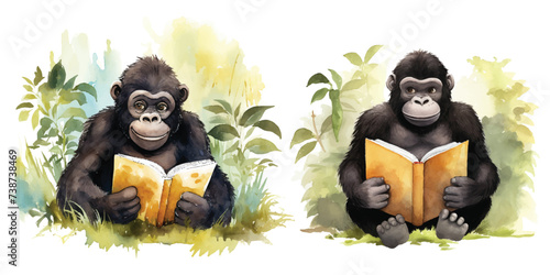 gorilla reading a book watercolor vector illustration