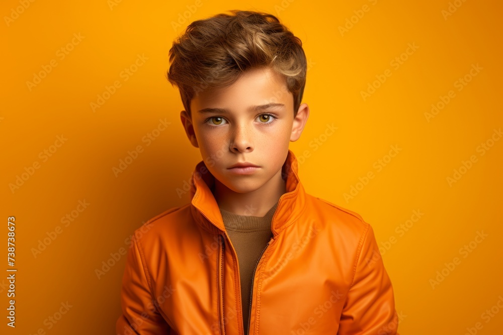 Portrait of a young boy in a orange jacket on a yellow background. Portrait of a young boy in a orange jacket on a yellow background.
