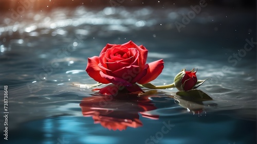 red rose in water in the morning, A vibrant red rose floating gracefully in a crystal clear pool of water, its delicate petals reflecting the sunlight in a mesmerizing display. #738738648