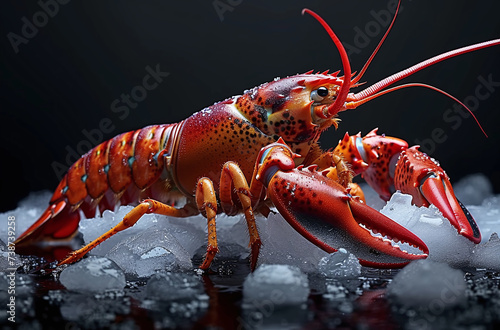 Vibrant red lobster on ice with water droplets, dark background.