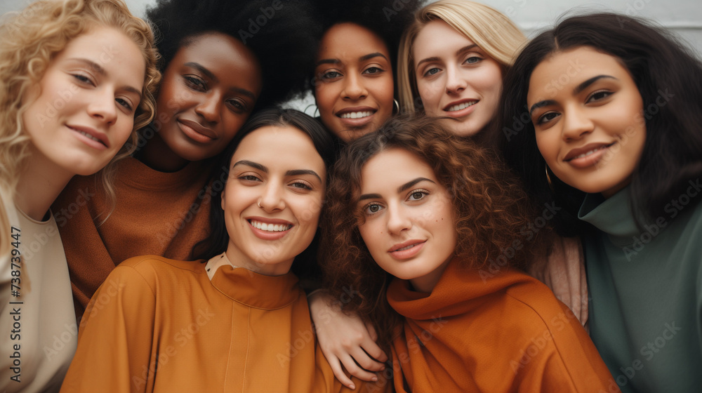Fototapeta premium Group portrait of diverse women of different races and ethnicities together. Feminism sisterhood concept.
