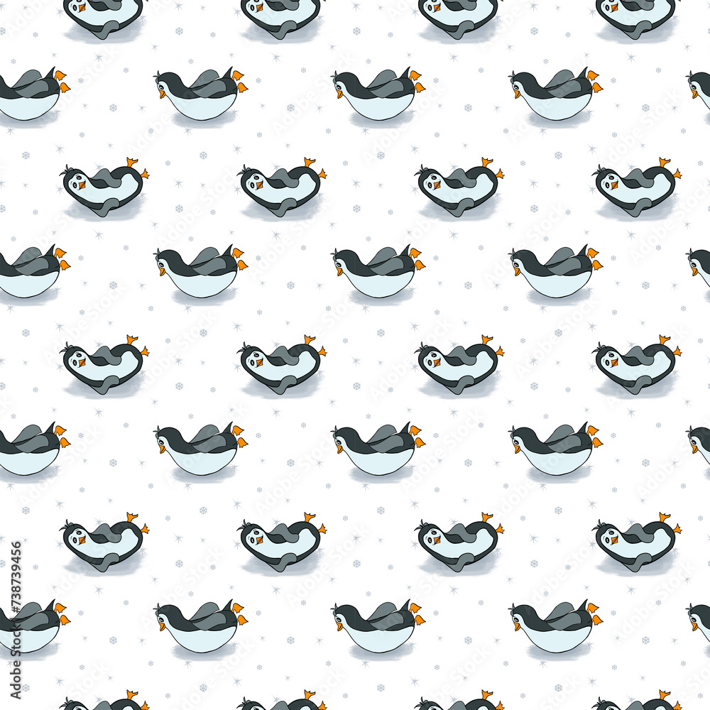 Funny penguins. Seamless pattern with funny penguins. Little penguins. Design for gift, textile, winter holidays, wrapping paper