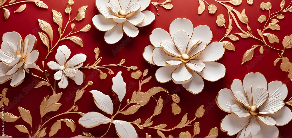 gold floral pattern on red background