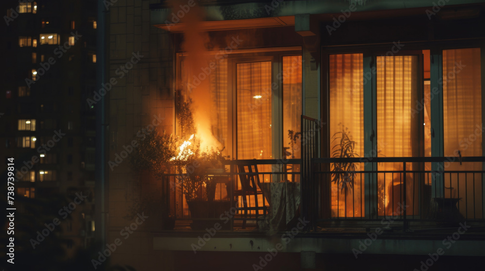 Fire in the house. Windows of the burning house. Burning building in the flames of fire at night