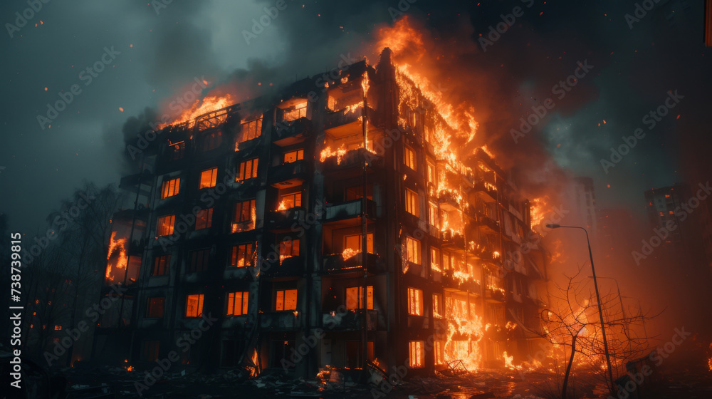Fire in the building. Burning house in the flames of fire. House Fire at night. Fire in the building. Burning house in the flames of fire. House Fire at night.