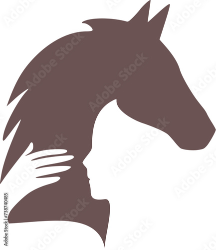 negative space logo icon of a human hugging a horse with a head and a hand