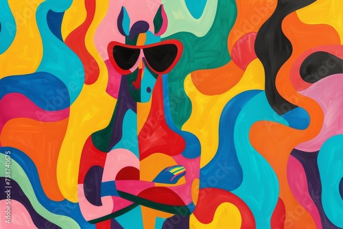A vibrant horse donning sunglasses gallops through a world of modern art, splashing colors and abstract graphics onto the fabric of a child's imagination