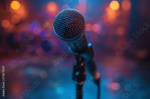 Close-up of a microphone on stage with colorful bokeh lights in the background, depicting a live performance atmosphere.