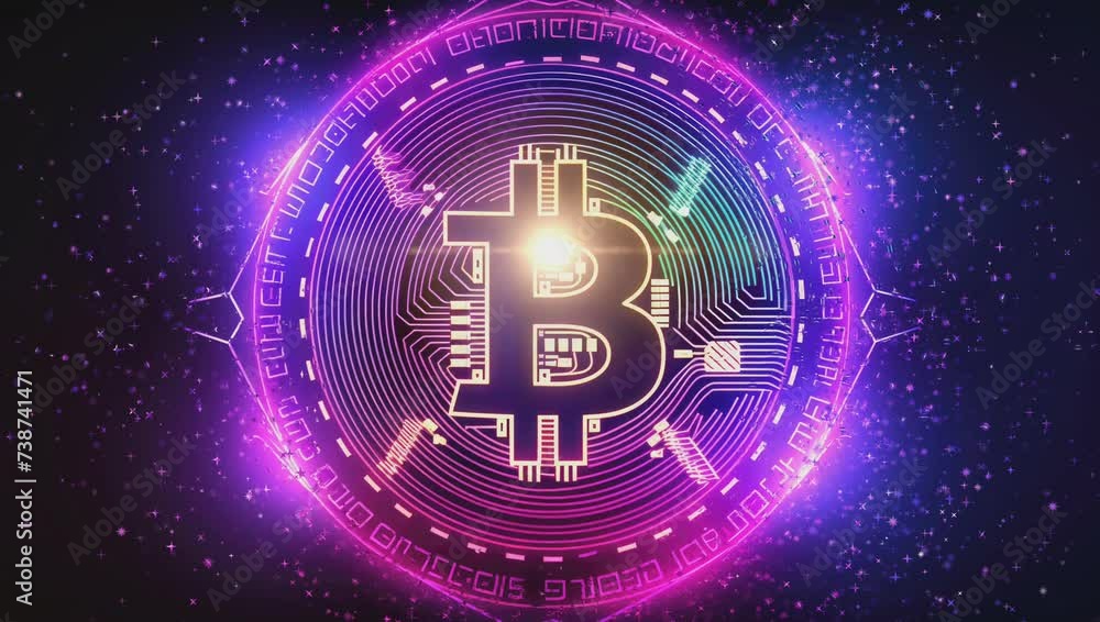 In a cyberpunk aesthetic, a Bitcoin symbol gleams amidst bold pink and purple neons set against a dark backdrop, echoing the future of digital currency