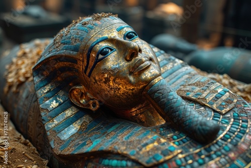 A close-up view of an impressive statue depicting an Egyptian queen.