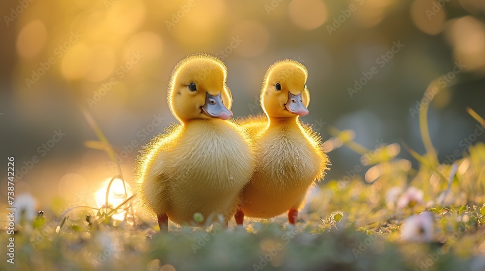 Two golden ducklings glowing in the soft sunset light, a magical scene ideal for themes of new life and nature's beauty.