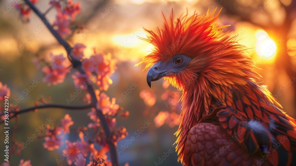 Amidst the green foliage, a striking gallinaceous bird with vibrant orange feathers perches on a sunlit branch, resembling a majestic chicken in the midst of nature's beauty