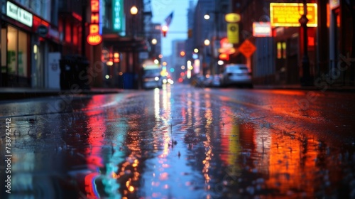 A bustling city street comes alive in the rain, as colorful lights dance off the wet pavement and buildings, creating a reflective and vibrant scene on this dark and stormy night © ChaoticMind