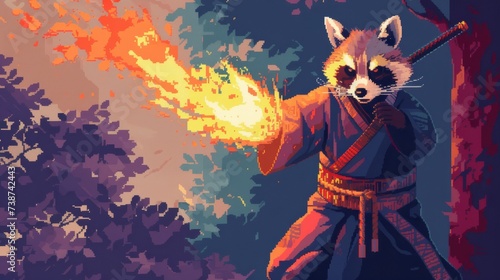 An animated anime raccoon engulfs in fiery chaos, bringing to life a fictional character that ignites our imagination and fuels our sense of adventure photo