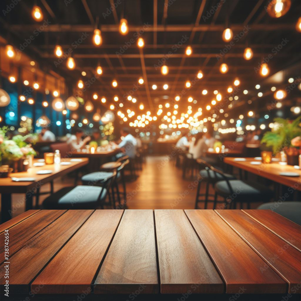 Wooden board empty table in front of restaurant background. Food display background Wooden board empty table in front of restaurant background. Food display background