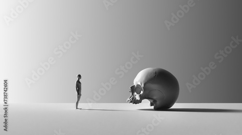 Monochromatic image of a small human figure in profile, gazing at a skull, surreal minimalist illustration photo