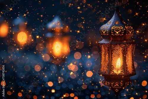 Ramadan Kareem greeting card. Festive background with lantern and bokeh lights. 