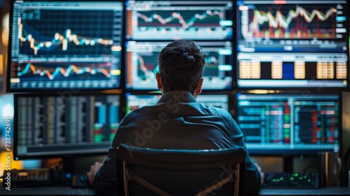 A finance professional focuses intently on analyzing fluctuating stock market trends across multiple computer monitors.