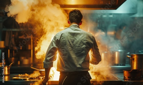 Back of Chef standing and cooking in a busy restaurant kitchen