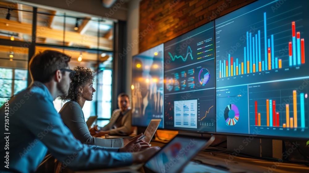 Professionals in a meeting discuss data analytics and business growth visualized on a large digital display. Professionals in a meeting discuss data analytics and business growth visualized on a large digital display.