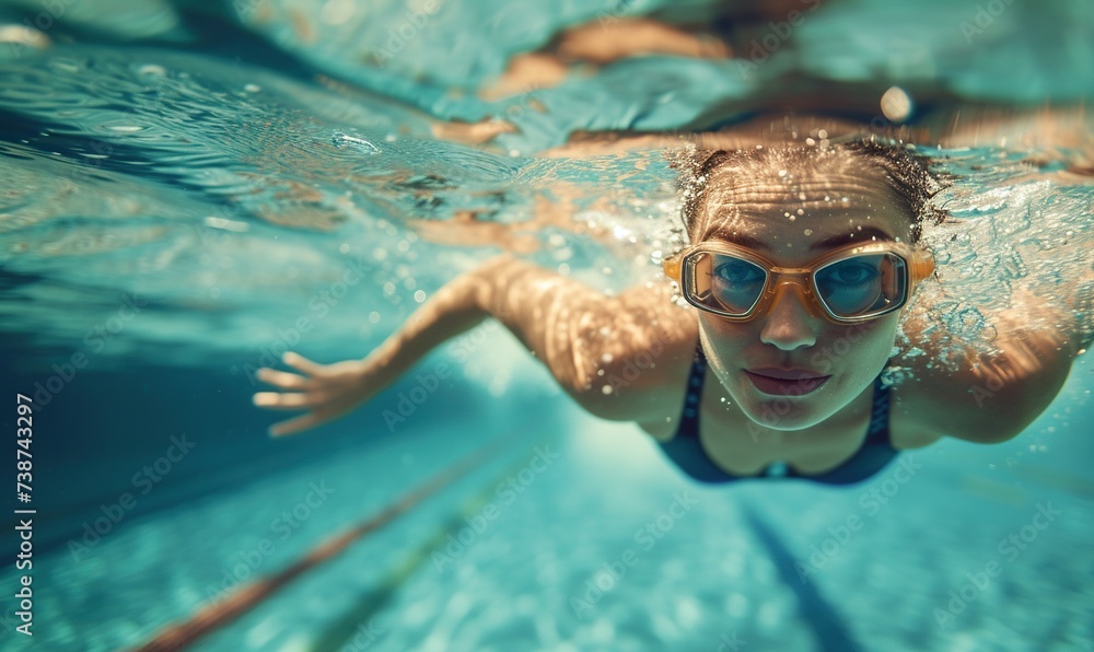 Naklejka premium woman in goggles swims in swimming pool underwater, sport workout