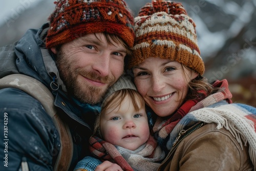A joyous family braves the winter chill, as a woman and man beam with love at their bundled up toddler, who wears a cozy bonnet and knit cap, while snowflakes dance around them