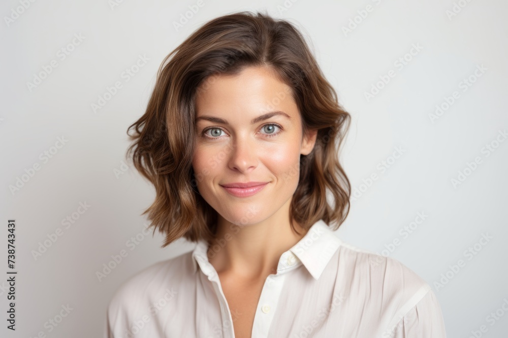 Portrait of a smiling businesswoman looking at the camera, on gray background Portrait of a smiling businesswoman looking at the camera, on gray background