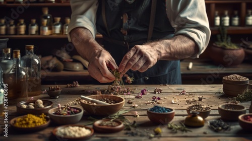 The hands of a perfumer creating a fragrance in an old shop