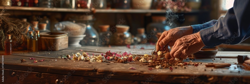 The hands of a perfumer creating a fragrance in an old shop