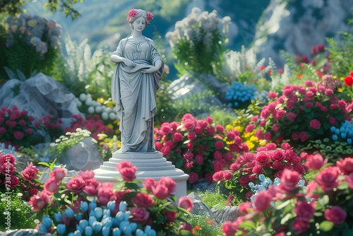 A sculpture of a Greek goddess in a blooming spring garden. photo