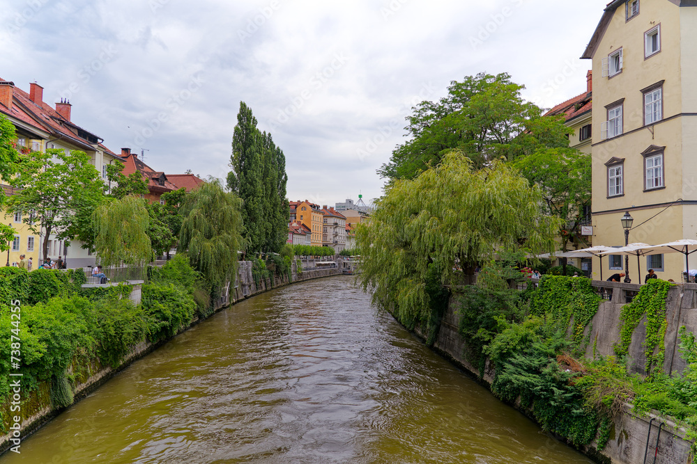 Ljubljanica River with trees at the old town of Slovenian City of Ljubljana on a cloudy summer day. Photo taken August 9th, 2023, Ljubljana, Slovenia.
