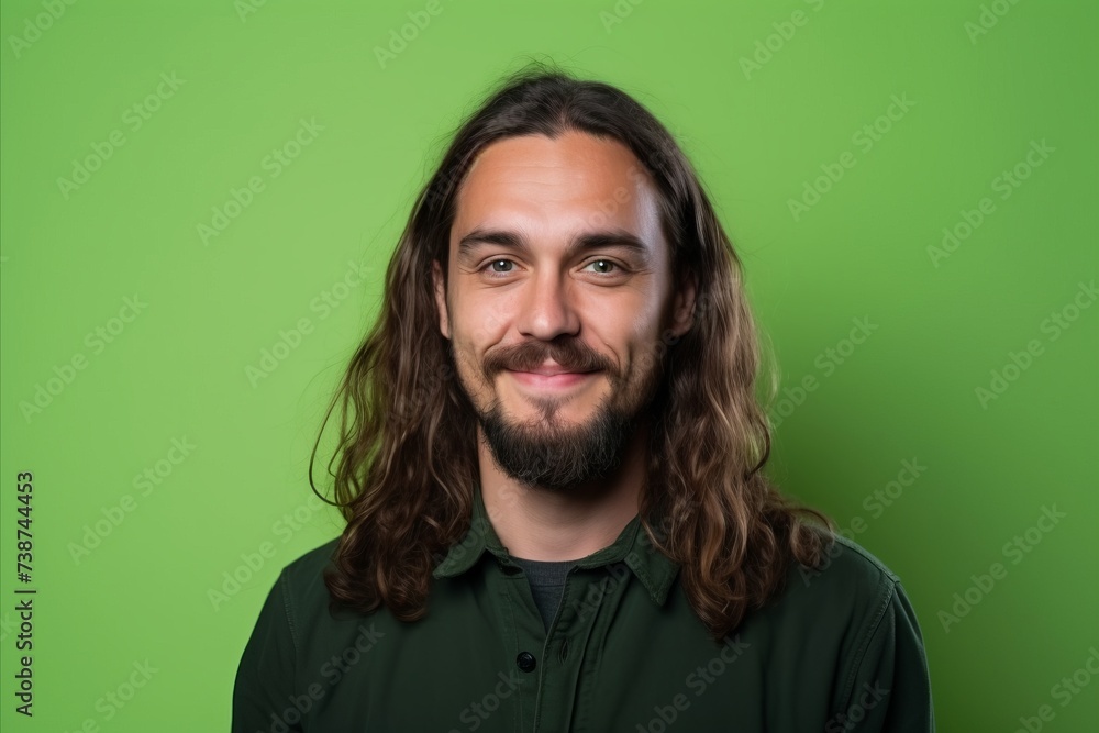 Handsome man with long hair and beard smiling at the camera against a green background Handsome man with long hair and beard smiling at the camera against a green background