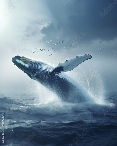 A humpback whale is jumping out of the water.	 photo