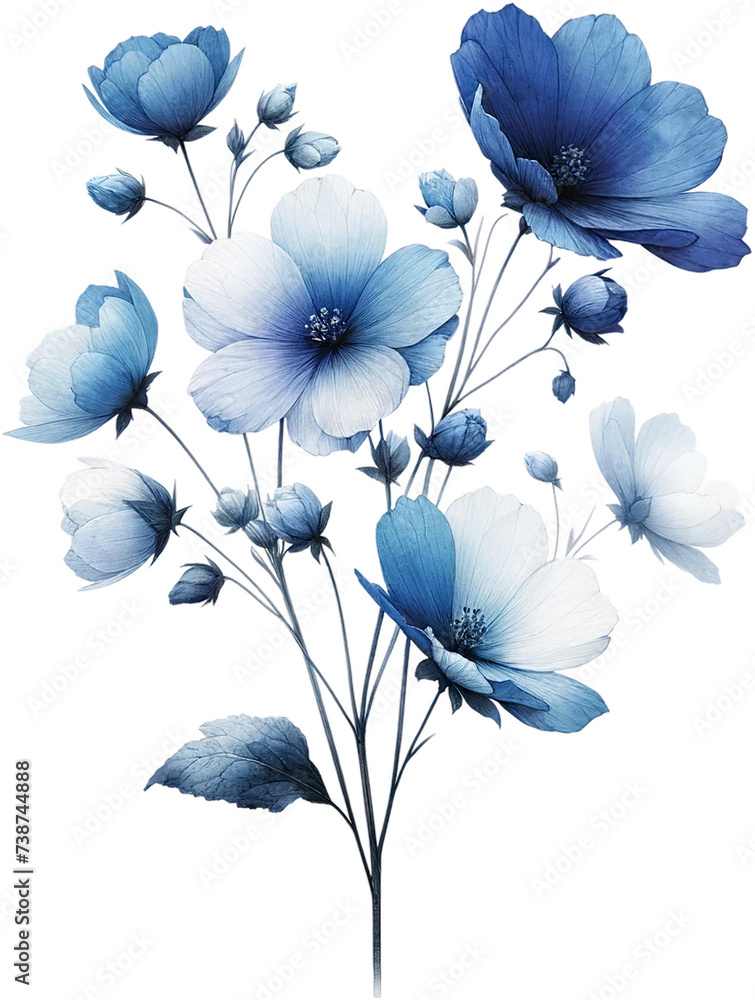 Ethereal Blue Anemones Illustration isolated on solid white background