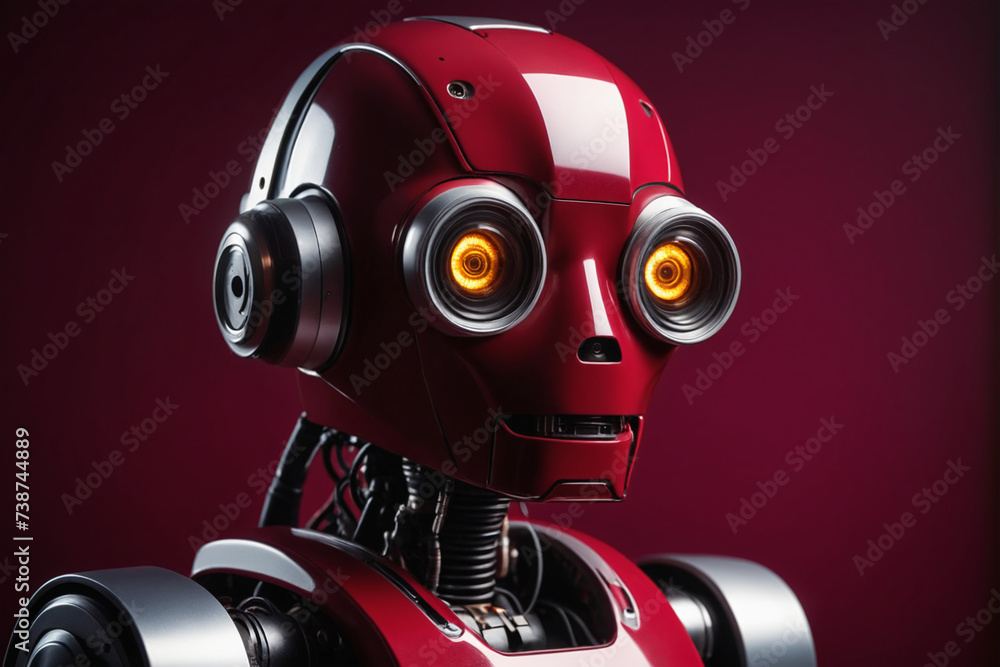 1970's sci robot portrait, studio light, on a ruby colored background 1970's sci robot portrait, studio light, on a ruby colored background