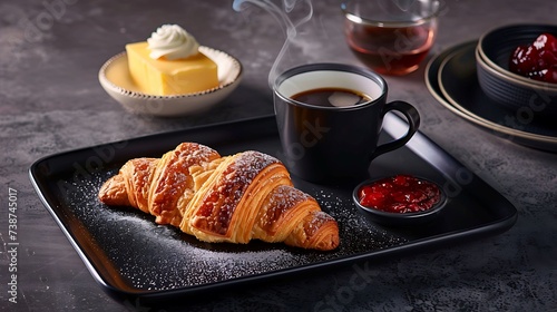 French croissant breakfast platter with assorted jams  butter  and a steaming cup of espresso